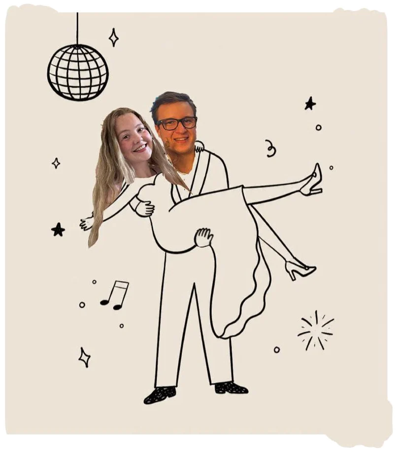 Getekende Stan die Nina in zijn armen draagt onder een discobal